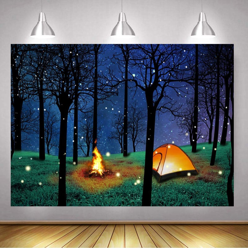 CHAIYA Enchanted Forest Camping Backdrop - Forest Night Scene Photography Background for Theme Party Photo Booth Banner Decoration 7x5ft - Image 3